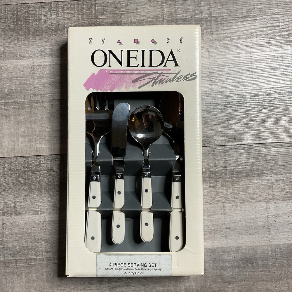 Oneida Country Color 4 Piece Serving Set Stainless Steel White Riveted Handles